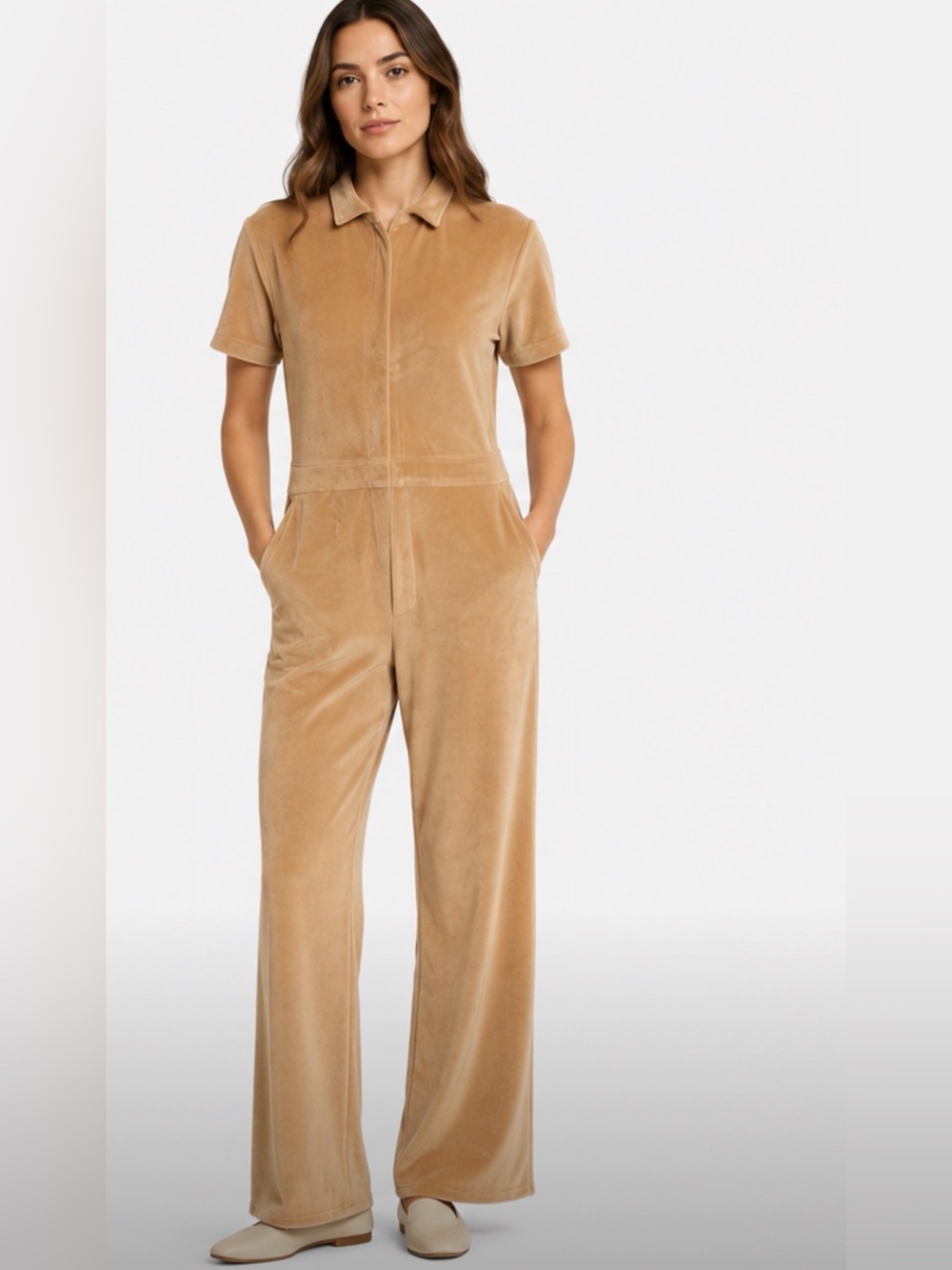 Rivet Utility Worker Velvet Short-Sleeve Jumpsuit size XS camel color